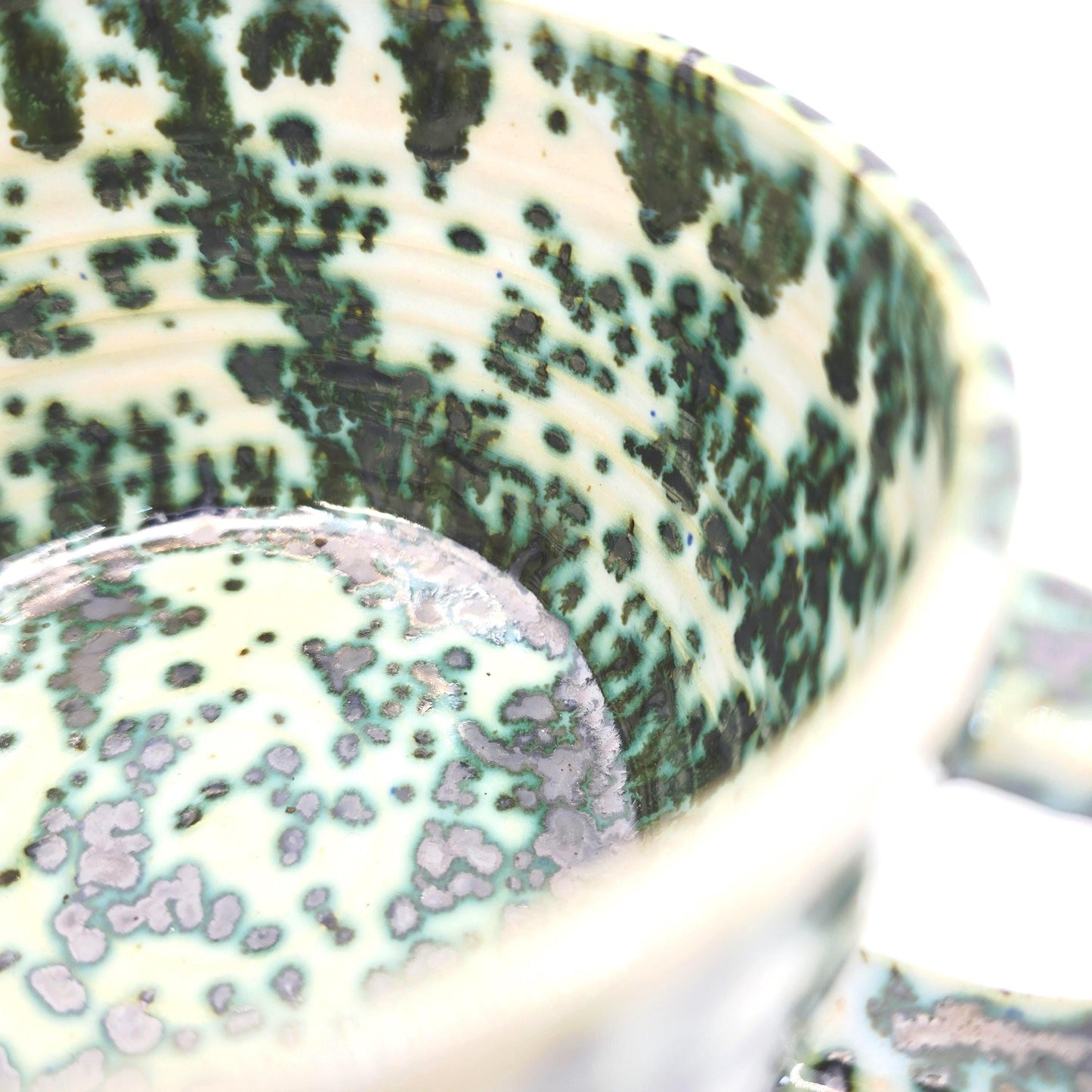 Handmade Ceramic 14oz Cappuccino Mug, Green & Cream Splatter Glaze. Stoneware Pottery.