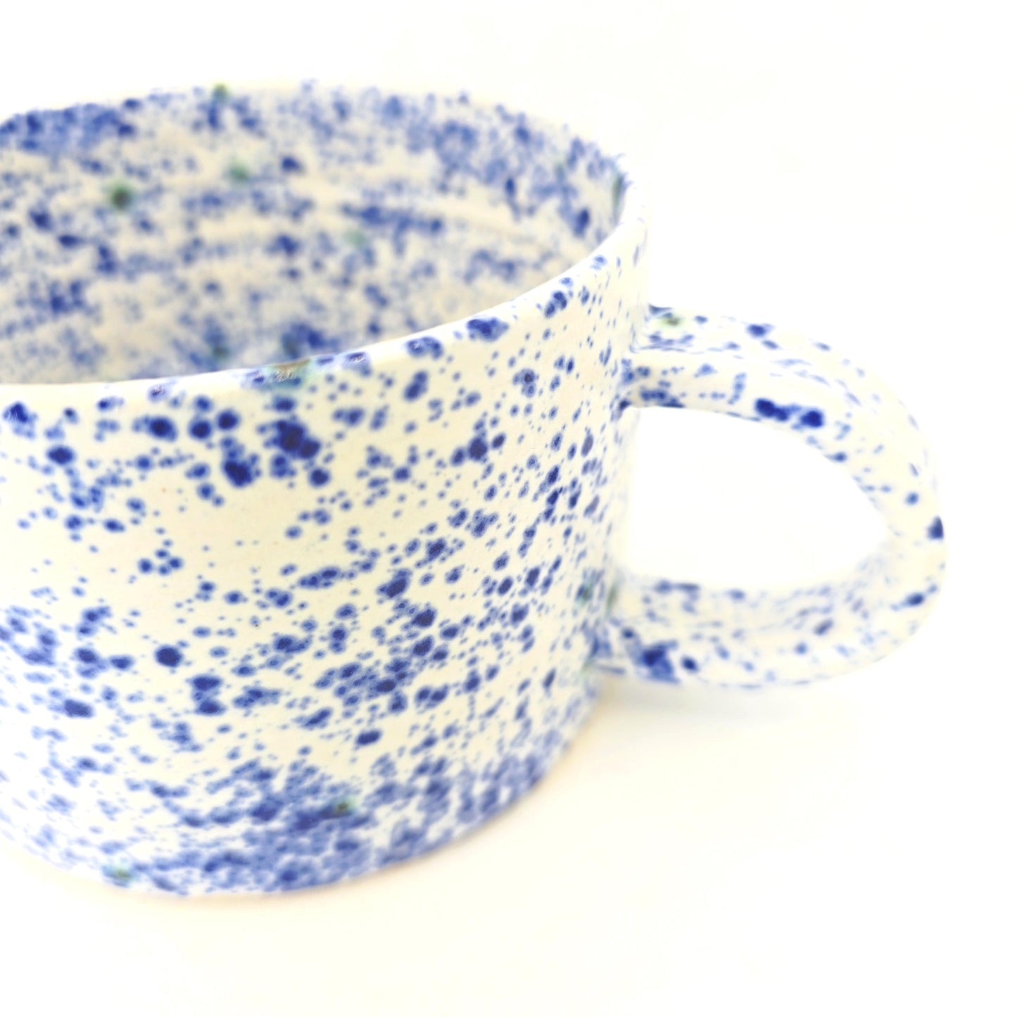 Handmade Ceramic 14oz  Cappuccino Mug, Blue & White Splatter Glaze. Stoneware Pottery.