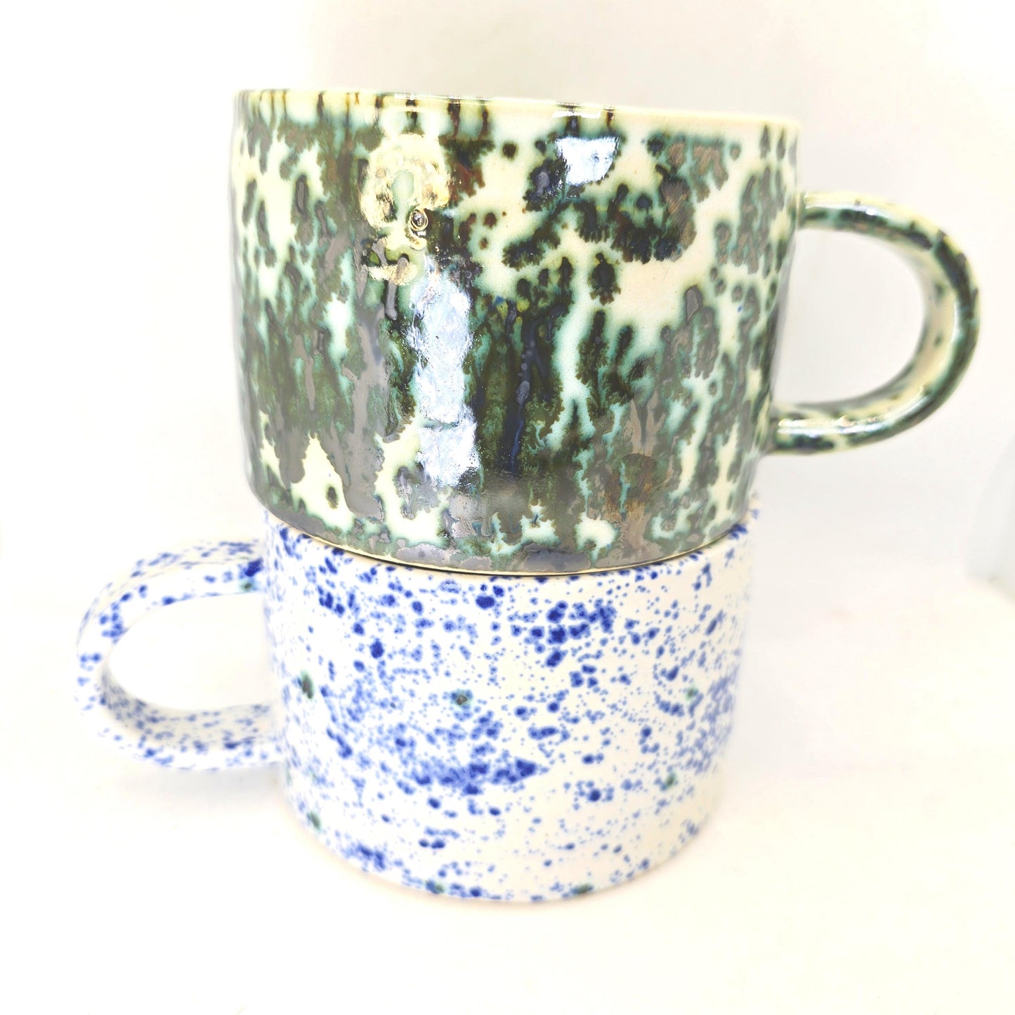 Handmade Ceramic 14oz  Cappuccino Mug, Blue & White Splatter Glaze. Stoneware Pottery.