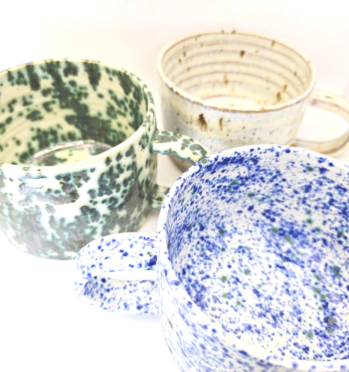 Handmade Ceramic 14oz  Cappuccino Mug, Blue & White Splatter Glaze. Stoneware Pottery.