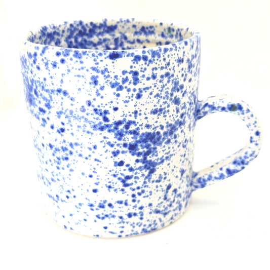 Handmade Ceramic Large 16oz Tea / Coffee Mug. Blue & White Splatter Glaze. Stoneware Pottery.