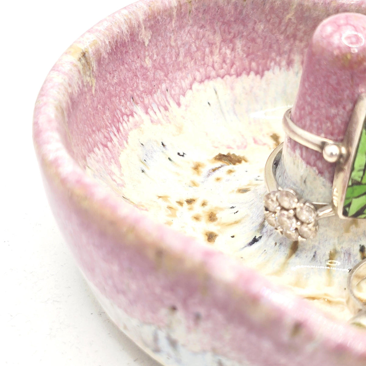 Handmade Ceramic Heart Ring Dish / Trinket Dish. Speckled Cream & Pink Glaze. Toasty Stoneware Pottery