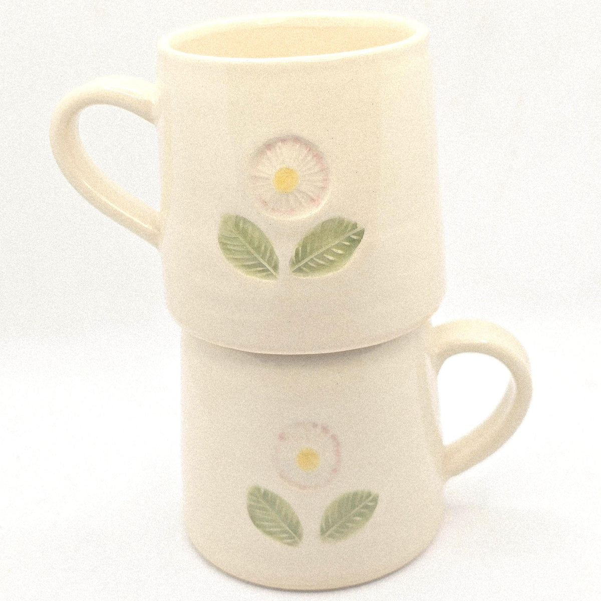 Handmade Ceramic Cream Hand Painted Daisy 8oz Tea / Coffee Mug.  Stoneware Pottery.