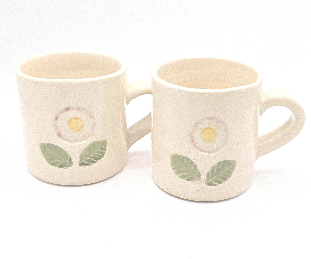 Handmade Ceramic Cream Hand Painted Daisy 4oz Tall Double Espresso Mug.  Stoneware Pottery