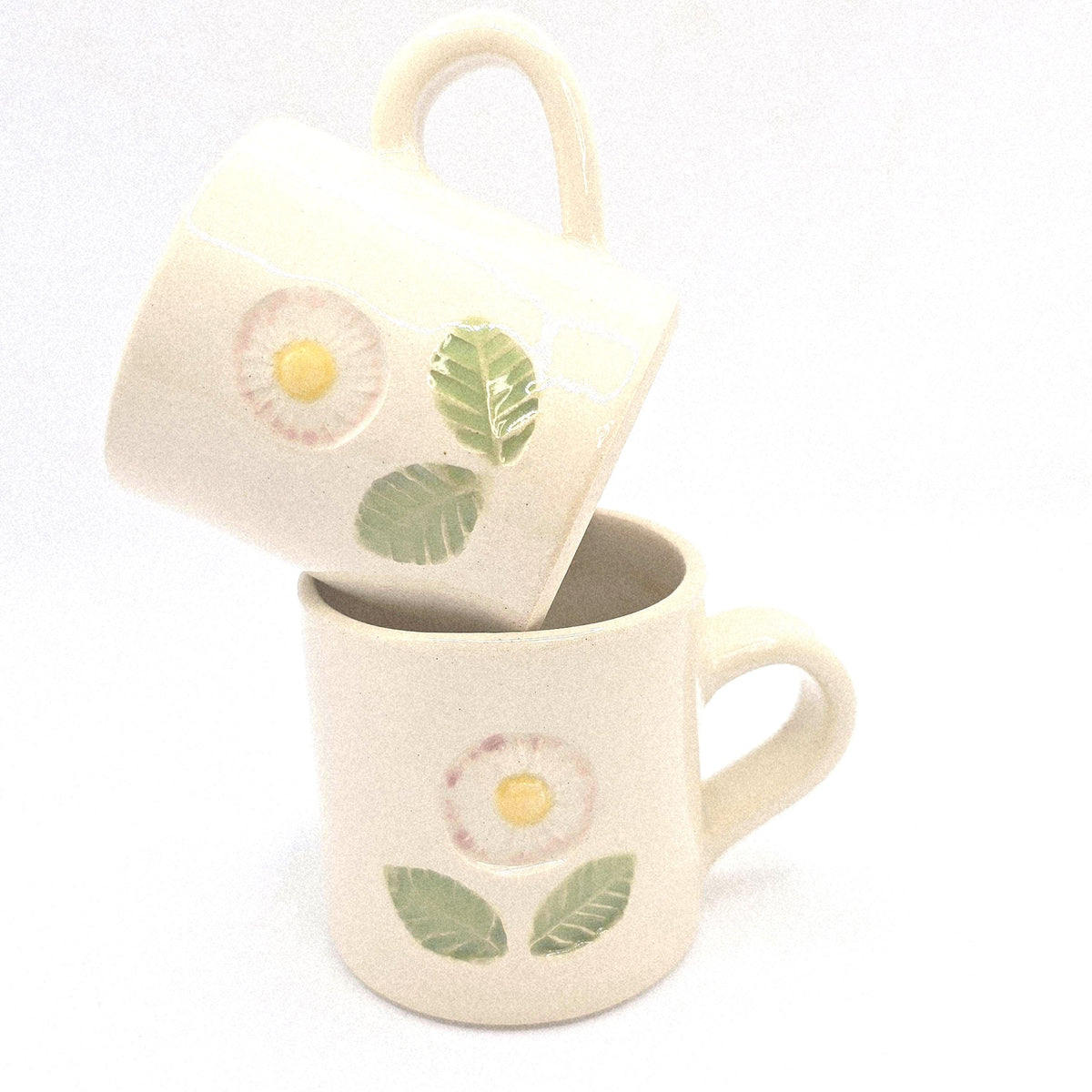 Handmade Ceramic Cream Hand Painted Daisy 4oz Tall Double Espresso Mug.  Stoneware Pottery