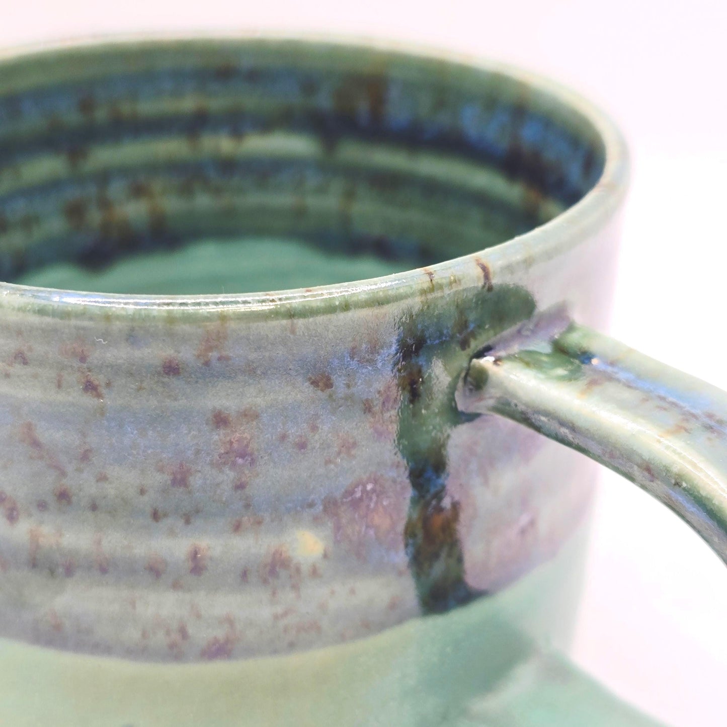 Handmade Ceramic Short 8oz Tea/Coffee Mug. Verdigris & Green Glaze. Stoneware Pottery.