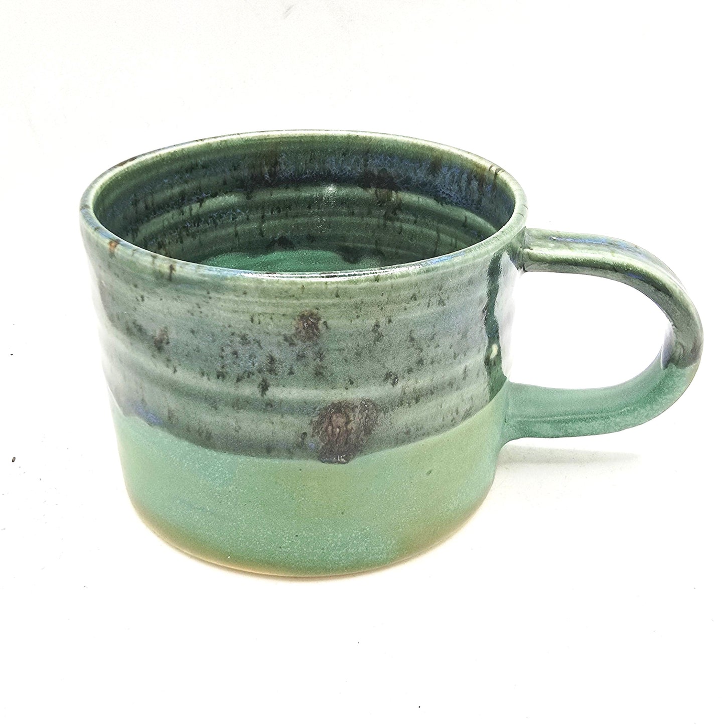 Handmade Ceramic Short 8oz Tea/Coffee Mug. Verdigris & Green Glaze. Stoneware Pottery.