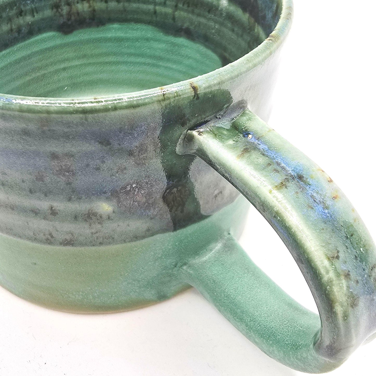 Handmade Ceramic Short 8oz Tea/Coffee Mug. Verdigris & Green Glaze. Stoneware Pottery.