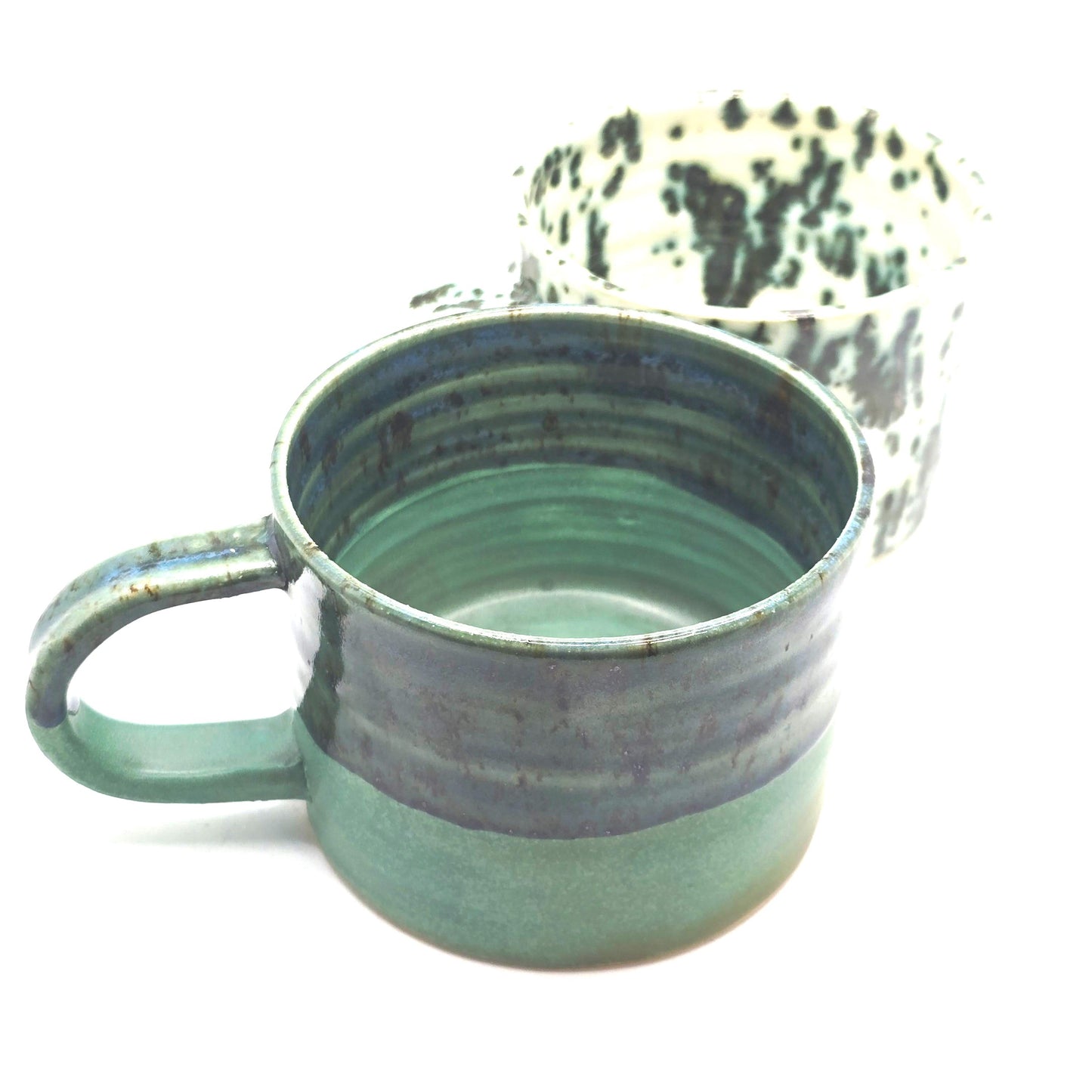 Handmade Ceramic Short 8oz Tea/Coffee Mug. Verdigris & Green Glaze. Stoneware Pottery.