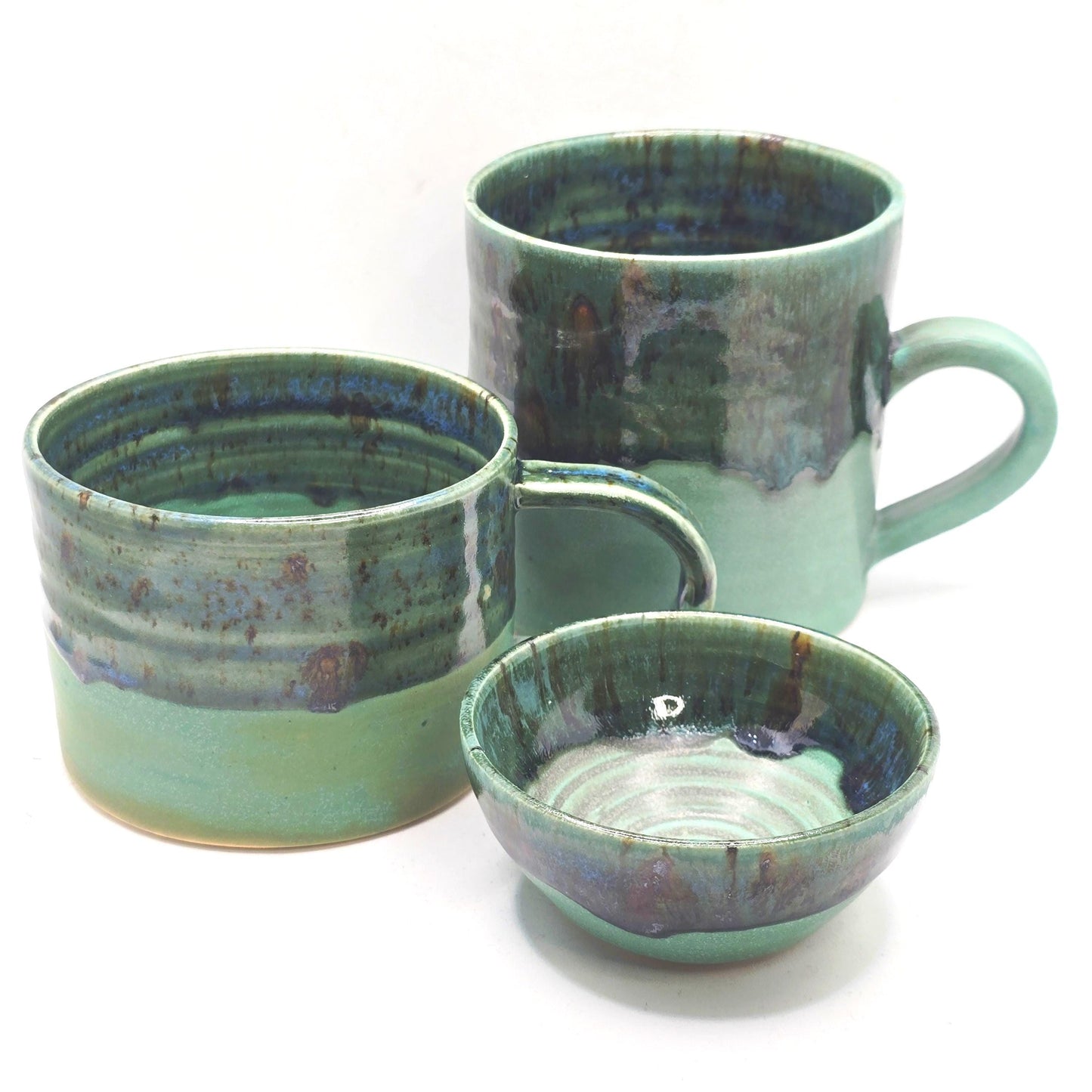 Handmade Ceramic Short 8oz Tea/Coffee Mug. Verdigris & Green Glaze. Stoneware Pottery.