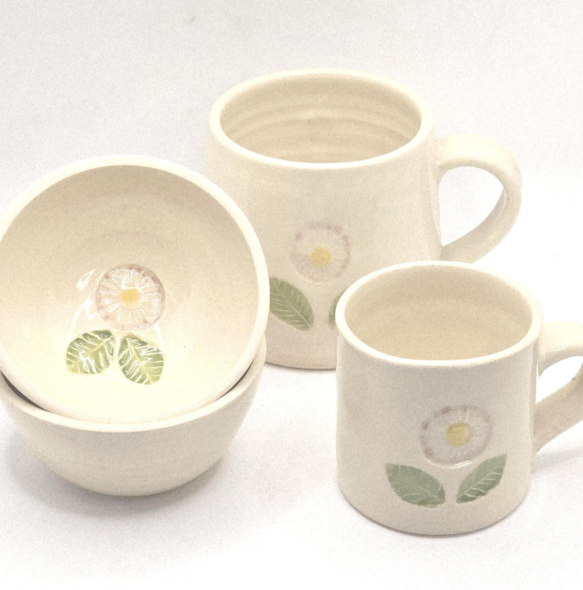 Handmade Ceramic Cream Hand Painted Daisy 4oz Tall Double Espresso Mug.  Stoneware Pottery
