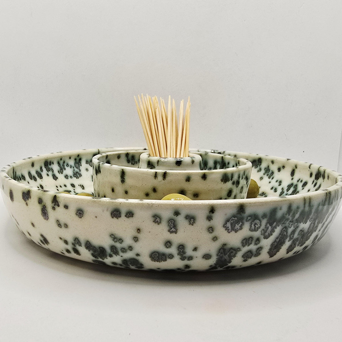 Handmade Ceramic Large Olive Dish / Bowl - Splatter  Green & Cream Glaze. Stoneware Pottery