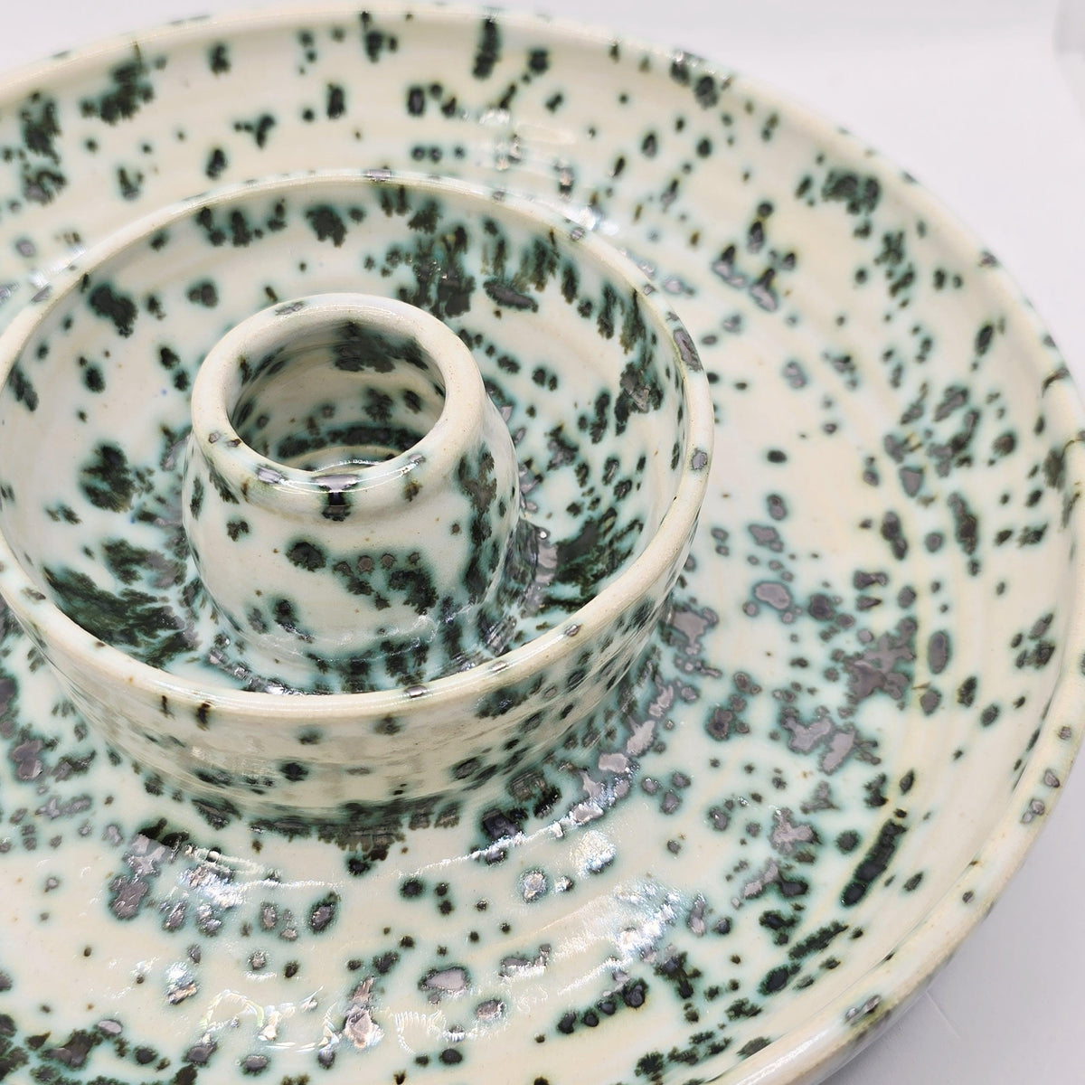 Handmade Ceramic Large Olive Dish / Bowl - Splatter  Green & Cream Glaze. Stoneware Pottery