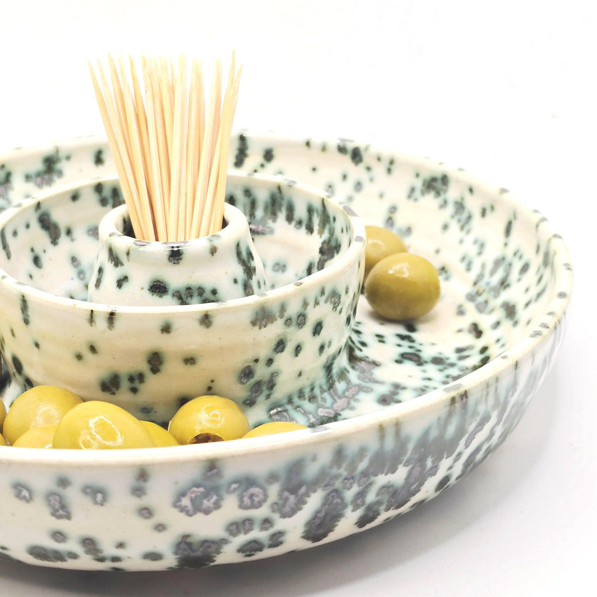 Handmade Ceramic Large Olive Dish / Bowl - Splatter  Green & Cream Glaze. Stoneware Pottery