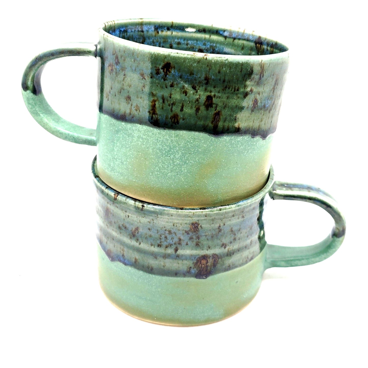 Handmade Ceramic Short 8oz Tea/Coffee Mug. Verdigris & Green Glaze. Stoneware Pottery.