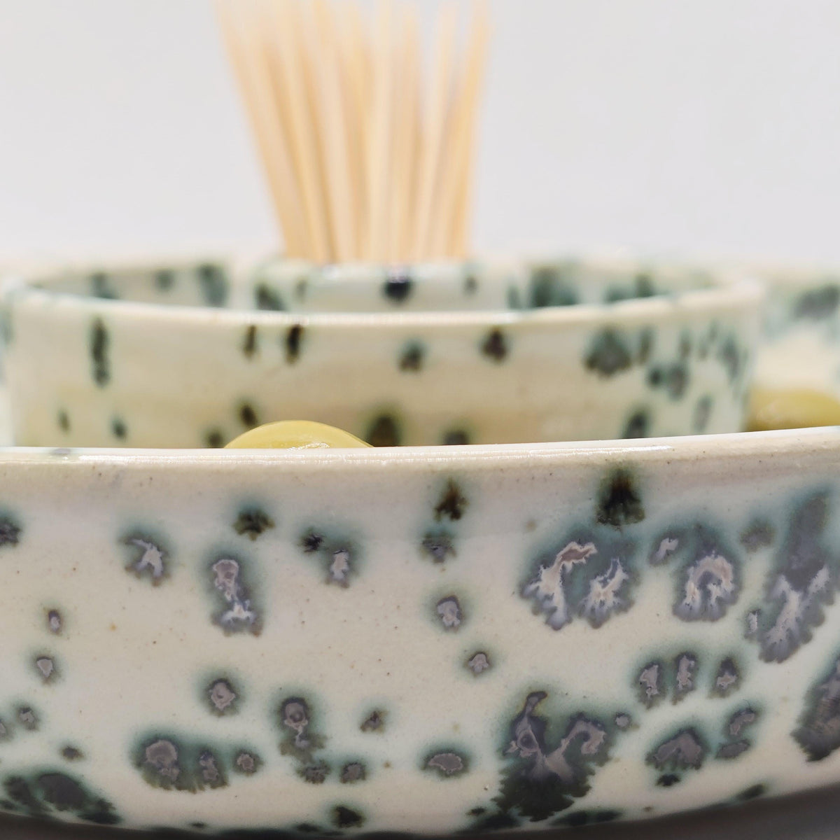 Handmade Ceramic Large Olive Dish / Bowl - Splatter  Green & Cream Glaze. Stoneware Pottery