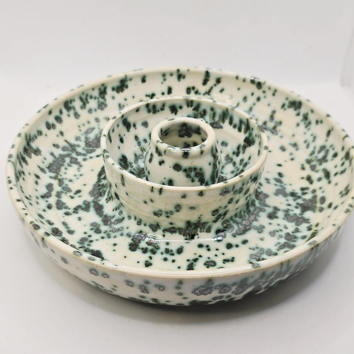 Handmade Ceramic Large Olive Dish / Bowl - Splatter  Green & Cream Glaze. Stoneware Pottery