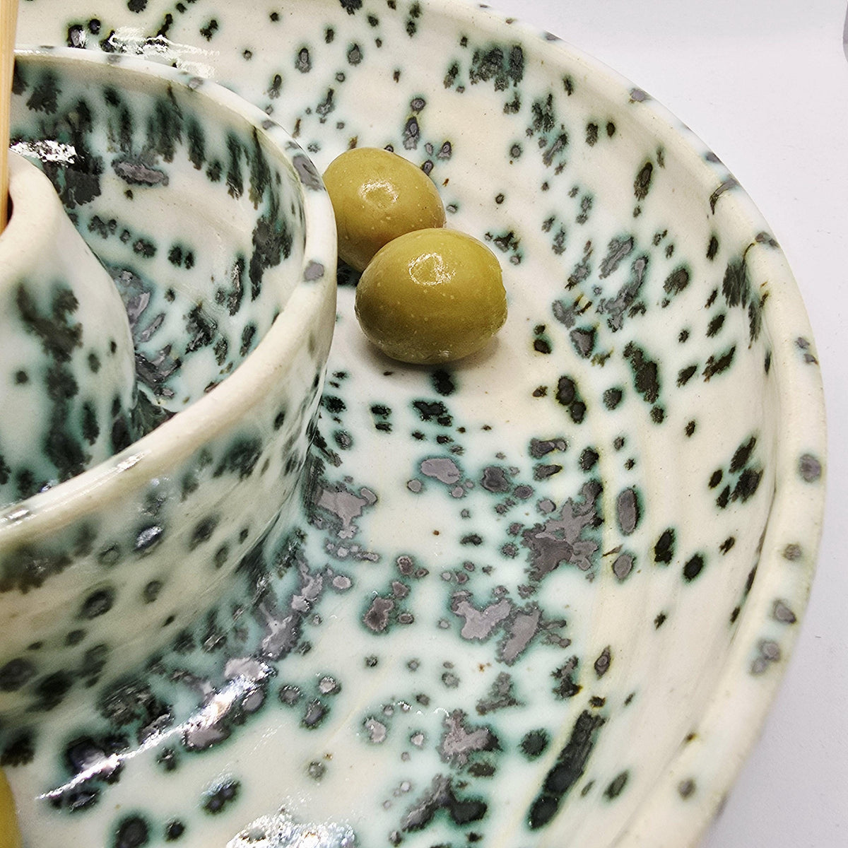 Handmade Ceramic Large Olive Dish / Bowl - Splatter  Green & Cream Glaze. Stoneware Pottery