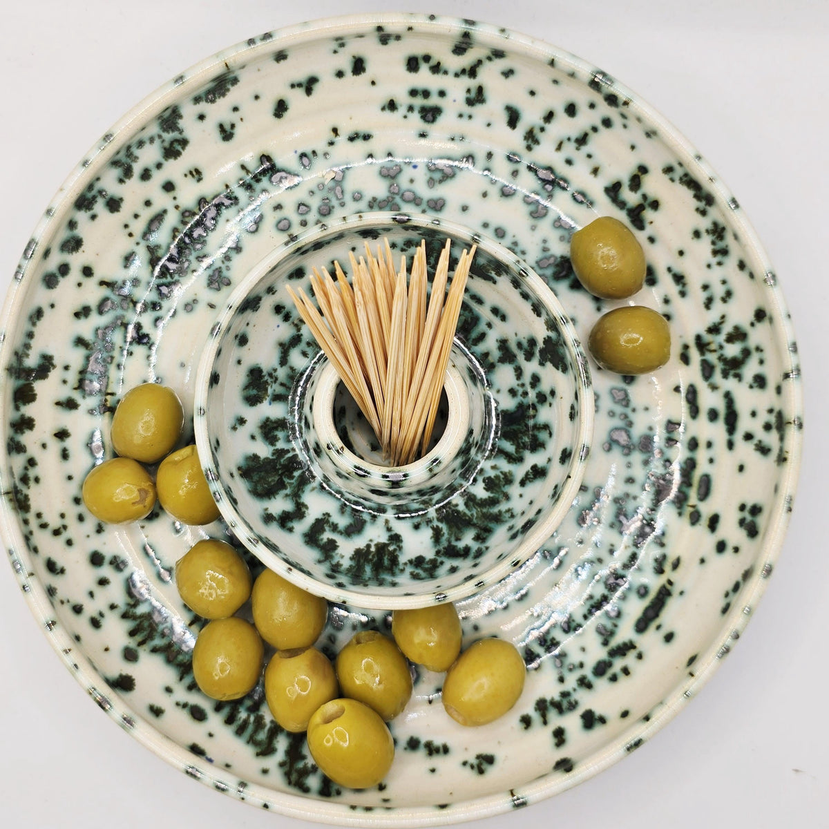 Handmade Ceramic Large Olive Dish / Bowl - Splatter  Green & Cream Glaze. Stoneware Pottery