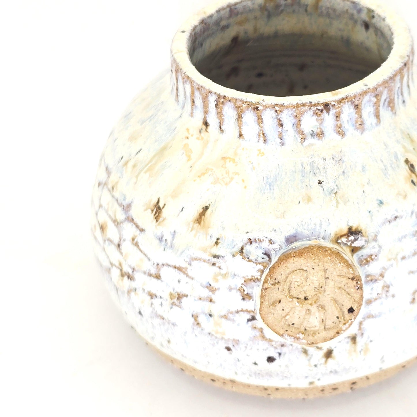 Handmade Ceramic Globe Bud Vase -  Speckled Cream Glaze, Toasty Stoneware Pottery (wide neck)