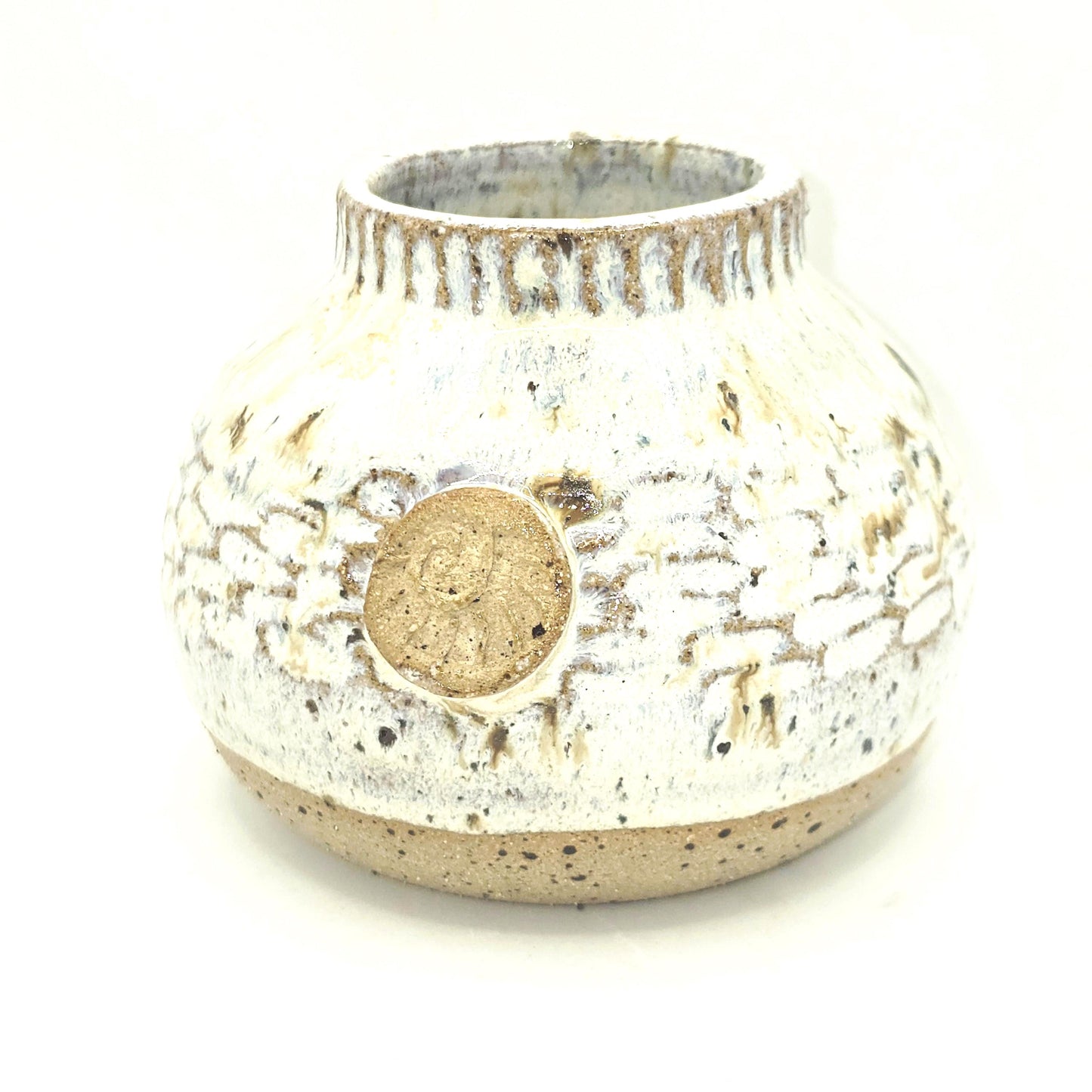 Handmade Ceramic Globe Bud Vase -  Speckled Cream Glaze, Toasty Stoneware Pottery (wide neck)