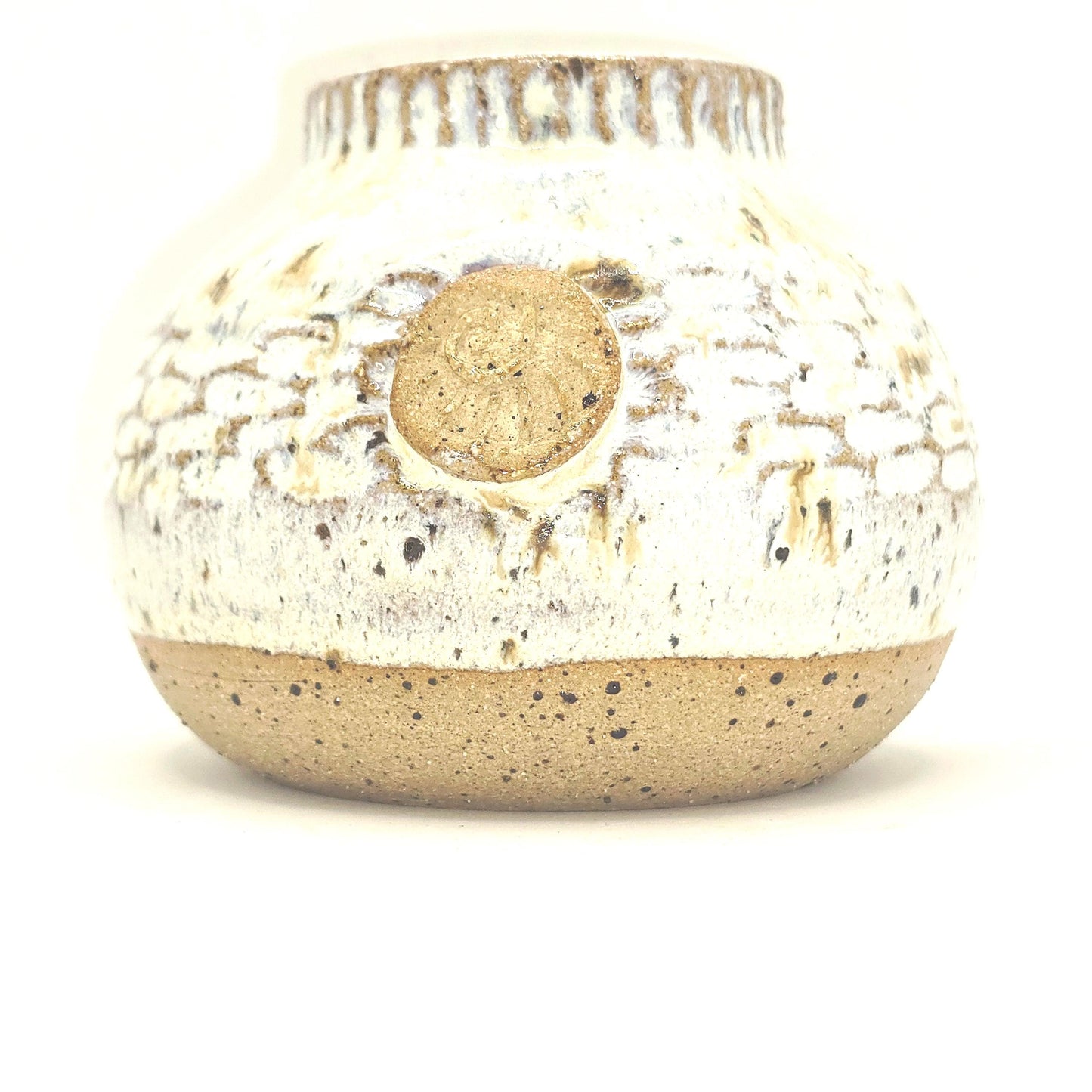 Handmade Ceramic Globe Bud Vase -  Speckled Cream Glaze, Toasty Stoneware Pottery (wide neck)