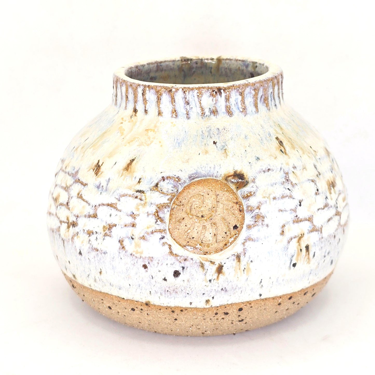 Handmade Ceramic Globe Bud Vase -  Speckled Cream Glaze, Toasty Stoneware Pottery (wide neck)