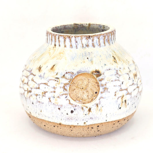 Handmade Ceramic Globe Bud Vase -  Speckled Cream Glaze, Toasty Stoneware Pottery (wide neck)