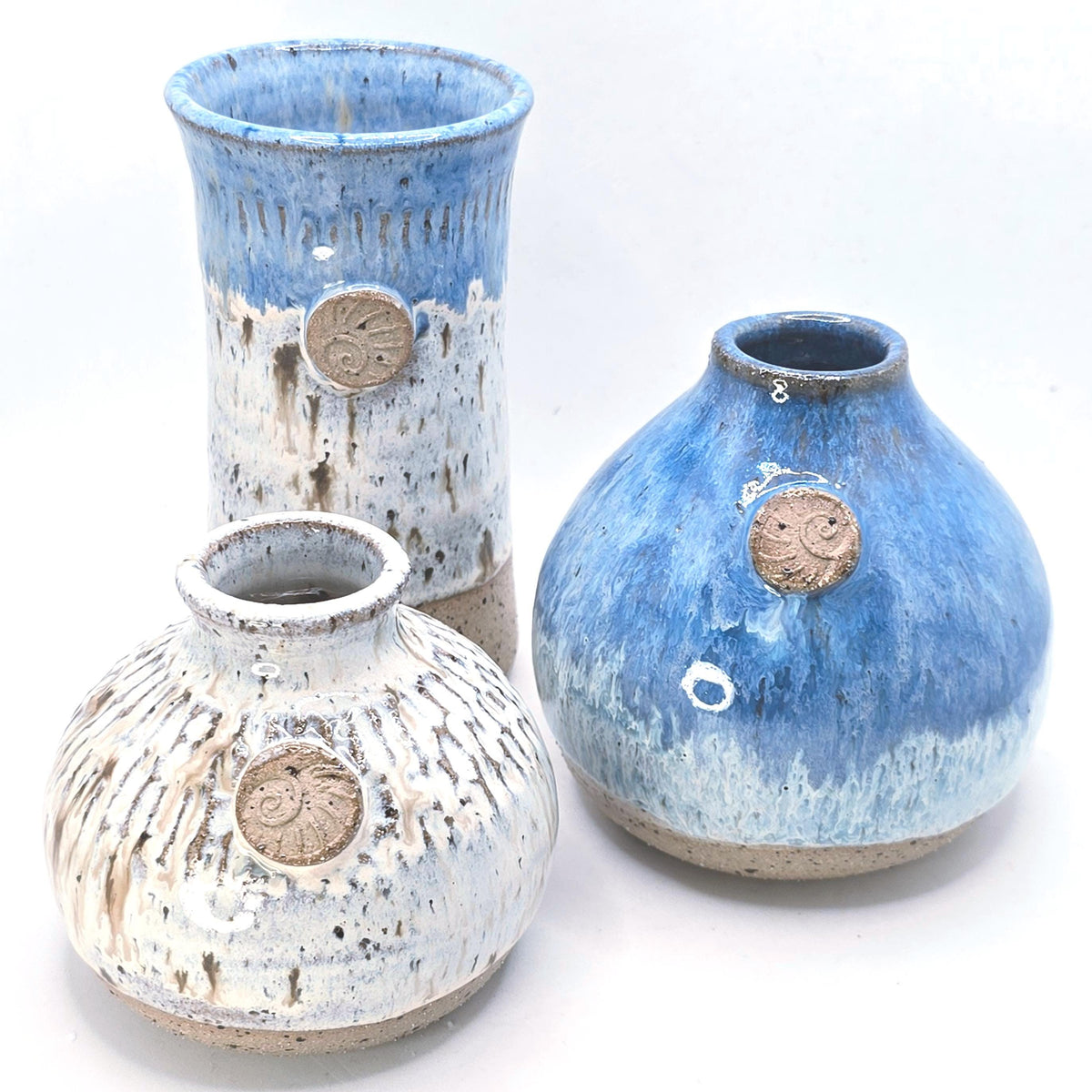 Handmade Ceramic Teardrop Bud Vase -  Speckled Cream & Blue Glaze, Toasty Stoneware Pottery