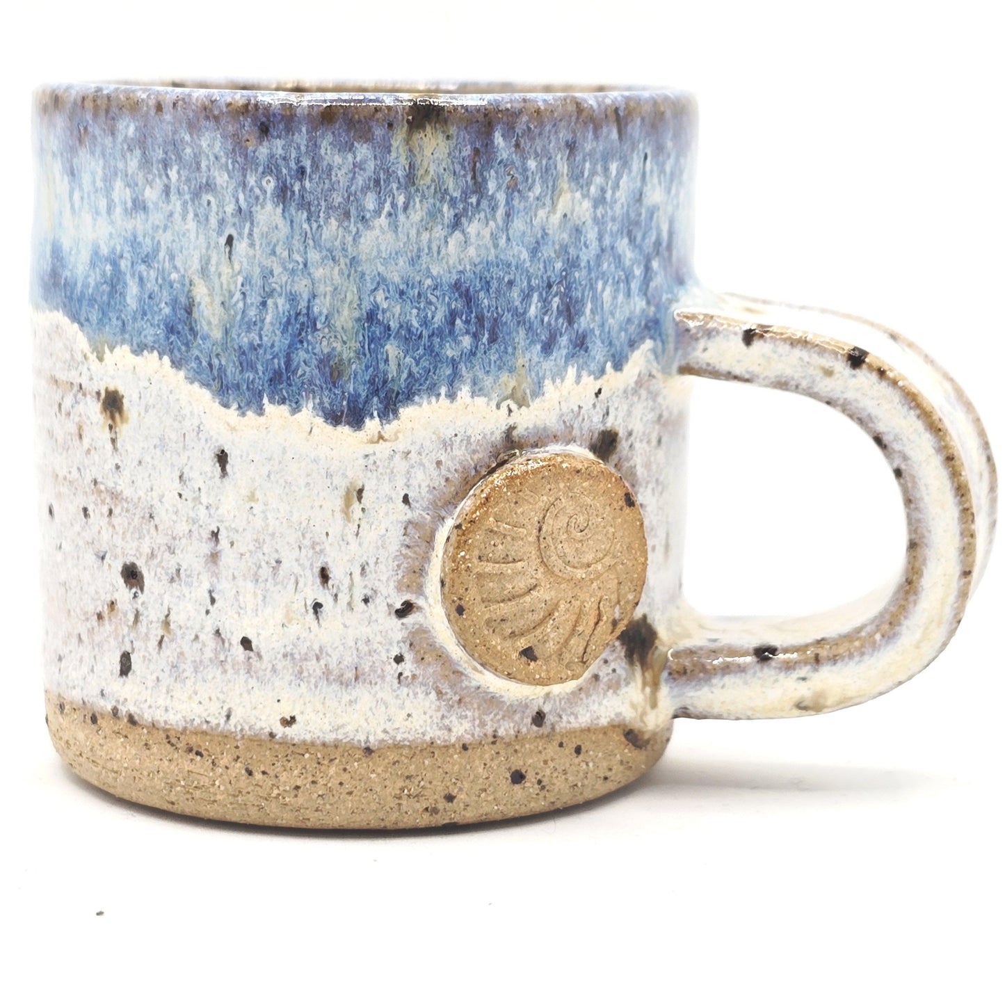 Handmade Ceramic 4oz Tall Double Espresso Mug. Ammonite Sprig. Cream & Blue Speckled Glaze - Toasty Stoneware Pottery