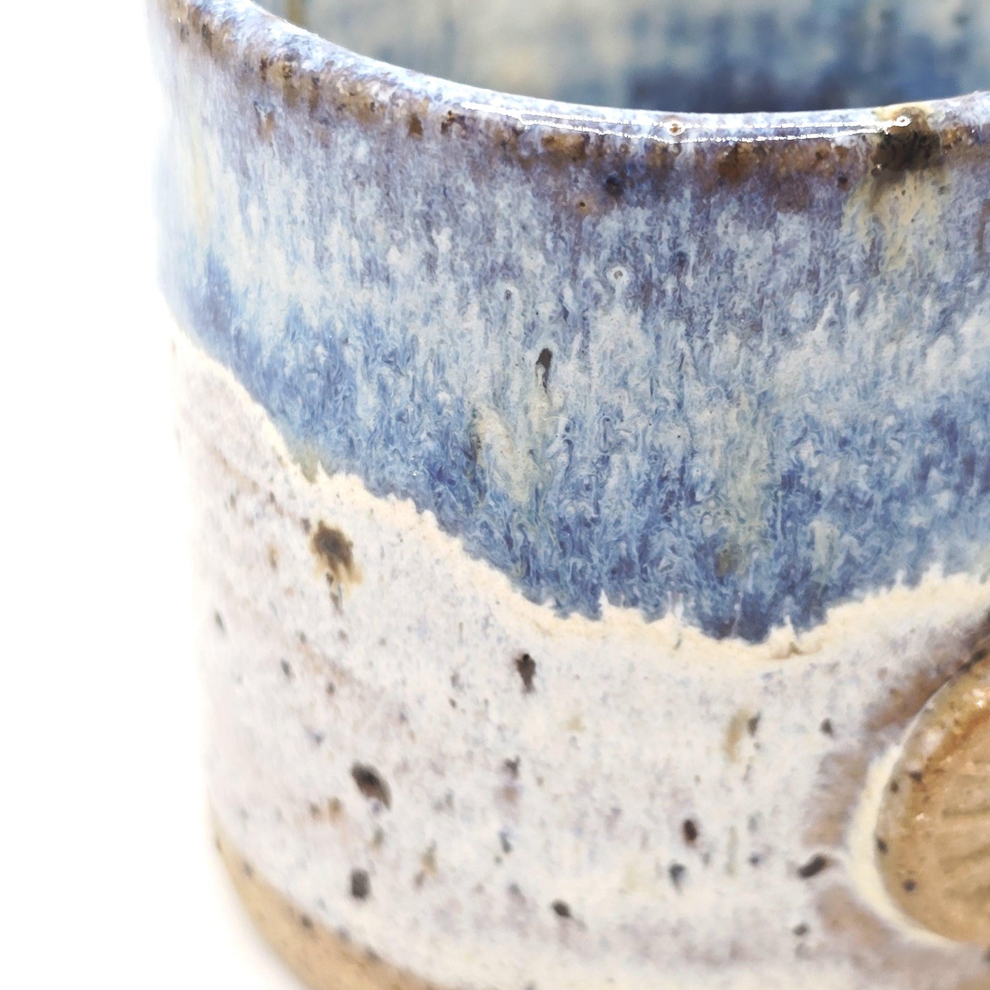 Handmade Ceramic 4oz Tall Double Espresso Mug. Ammonite Sprig. Cream & Blue Speckled Glaze - Toasty Stoneware Pottery