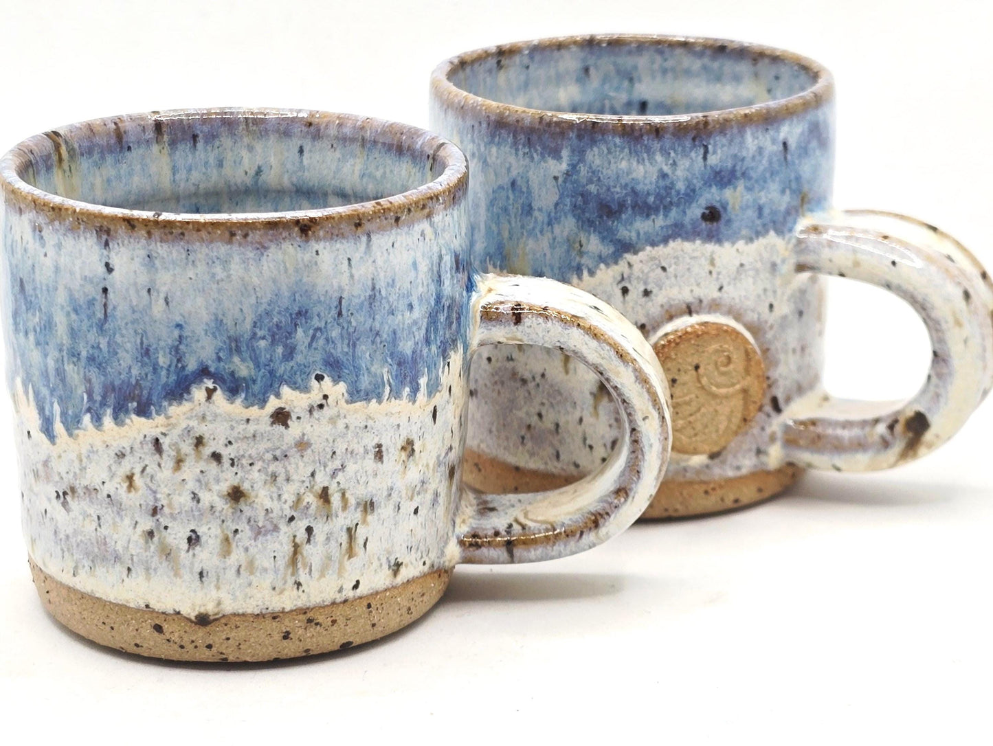 Handmade Ceramic 4oz Tall Double Espresso Mug. Ammonite Sprig. Cream & Blue Speckled Glaze - Toasty Stoneware Pottery