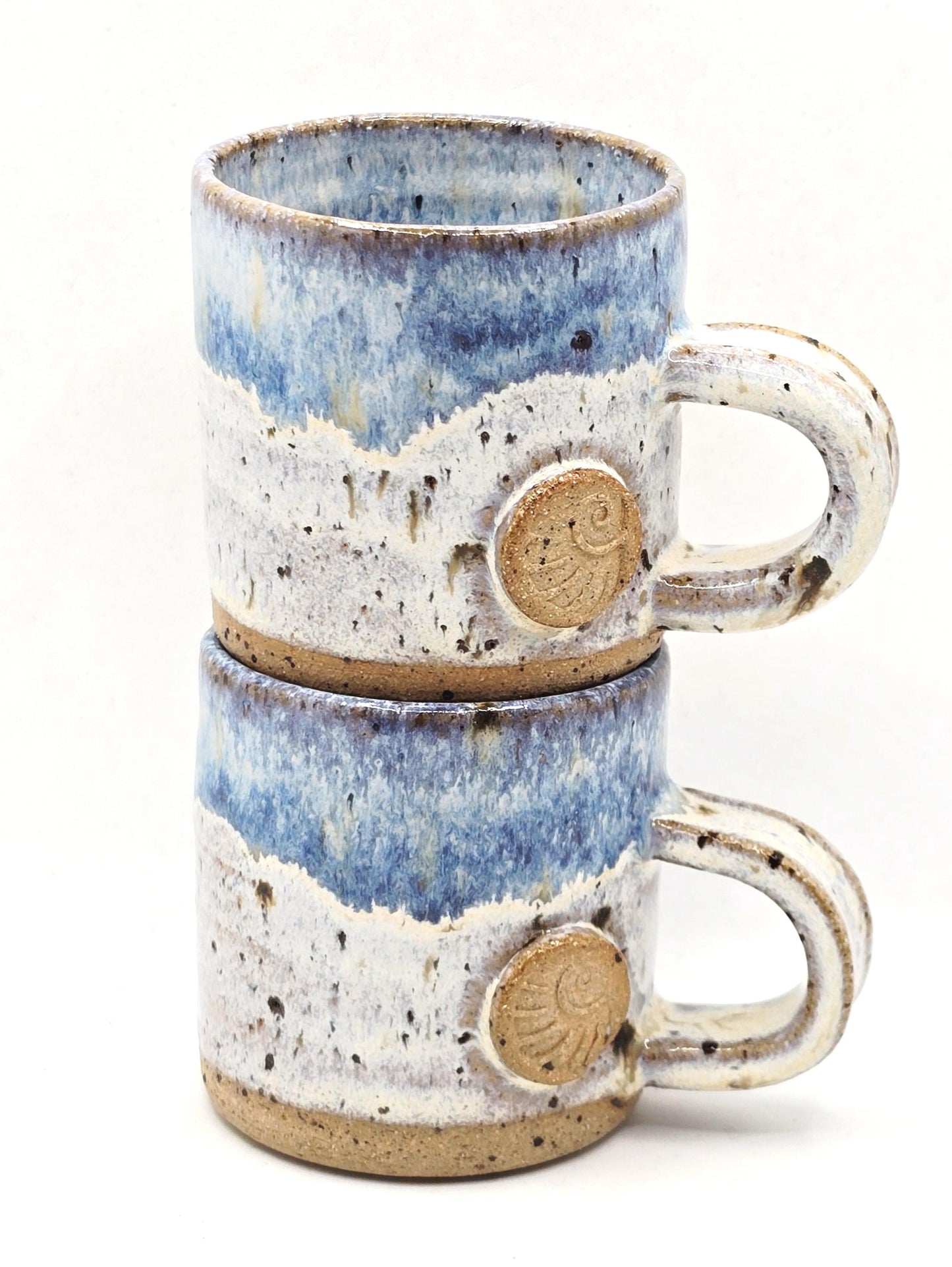 Handmade Ceramic 4oz Tall Double Espresso Mug. Ammonite Sprig. Cream & Blue Speckled Glaze - Toasty Stoneware Pottery