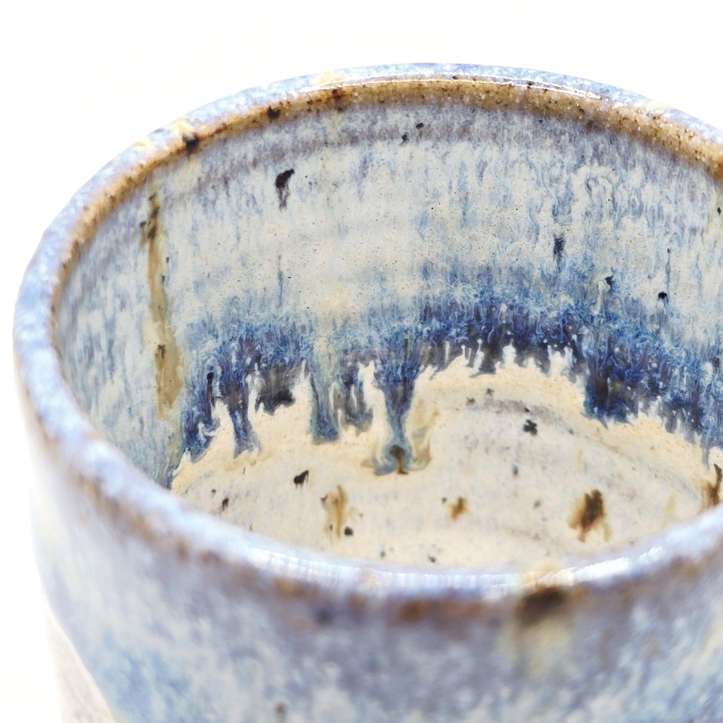 Handmade Ceramic 4oz Tall Double Espresso Mug. Ammonite Sprig. Cream & Blue Speckled Glaze - Toasty Stoneware Pottery