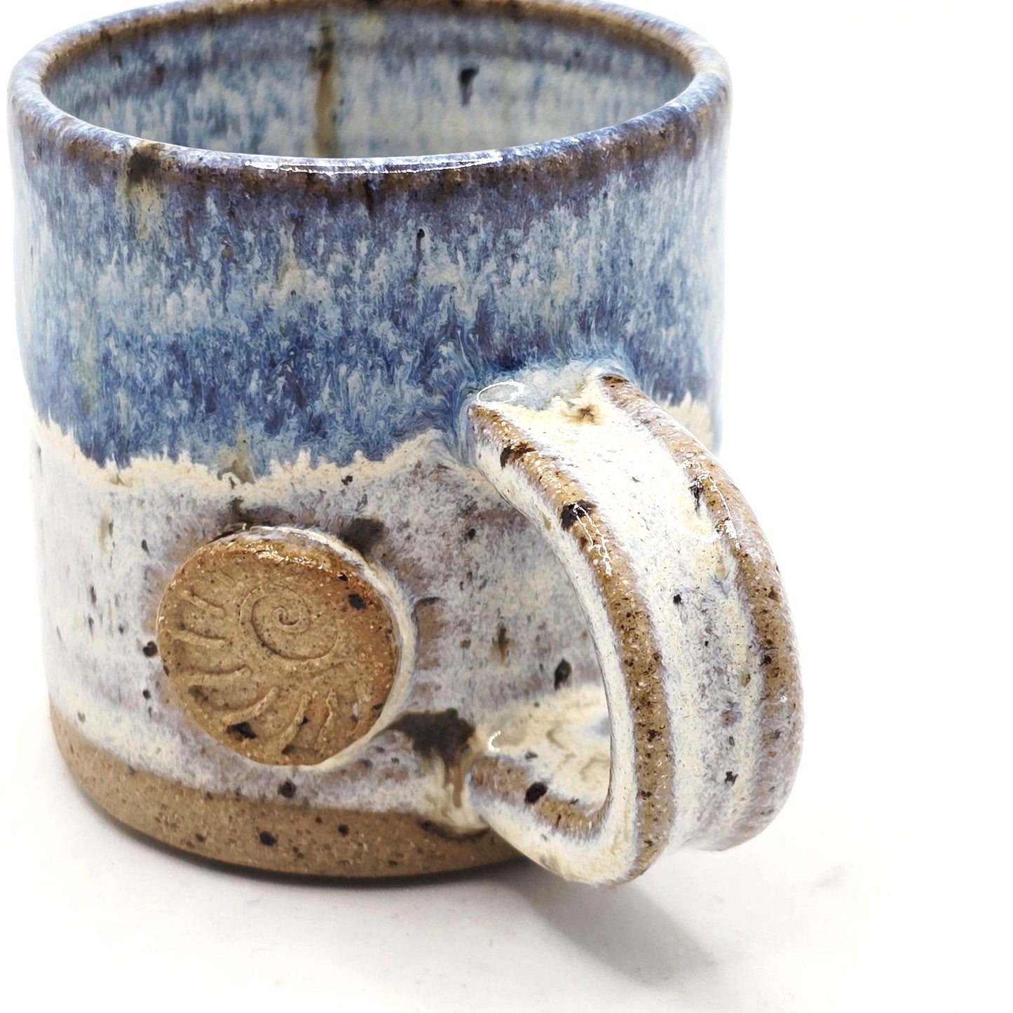 Handmade Ceramic 4oz Tall Double Espresso Mug. Ammonite Sprig. Cream & Blue Speckled Glaze - Toasty Stoneware Pottery