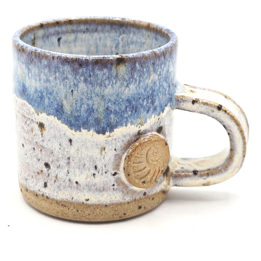 Handmade Ceramic 4oz Tall Double Espresso Mug. Ammonite Sprig. Cream & Blue Speckled Glaze - Toasty Stoneware Pottery