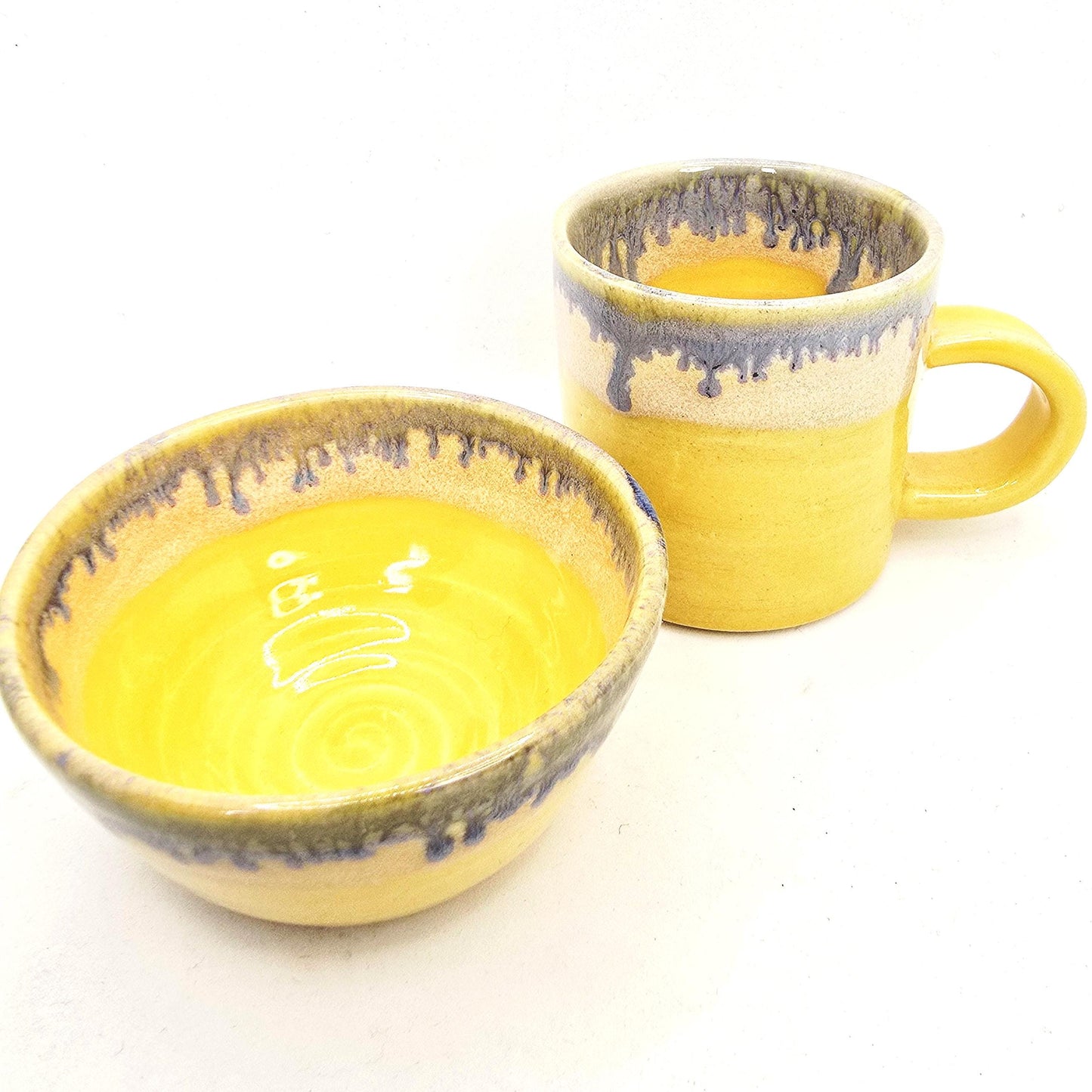 Handmade Ceramic 4oz Double Espresso Mug. Lemony Blue Yellow Glaze. Stoneware Pottery