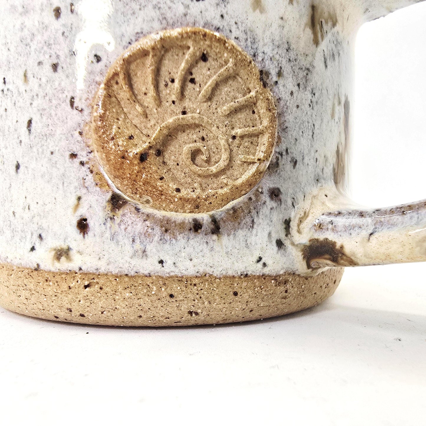 Handmade Ceramic 6oz Flat White/Cortado Mug. Ammonite Sprig. Cream Speckled Glaze. Toasty Stoneware Pottery