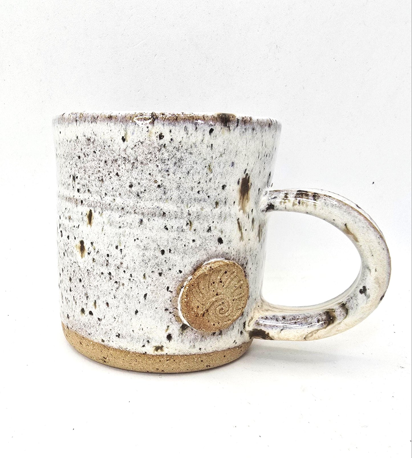 Handmade Ceramic 6oz Flat White/Cortado Mug. Ammonite Sprig. Cream Speckled Glaze. Toasty Stoneware Pottery