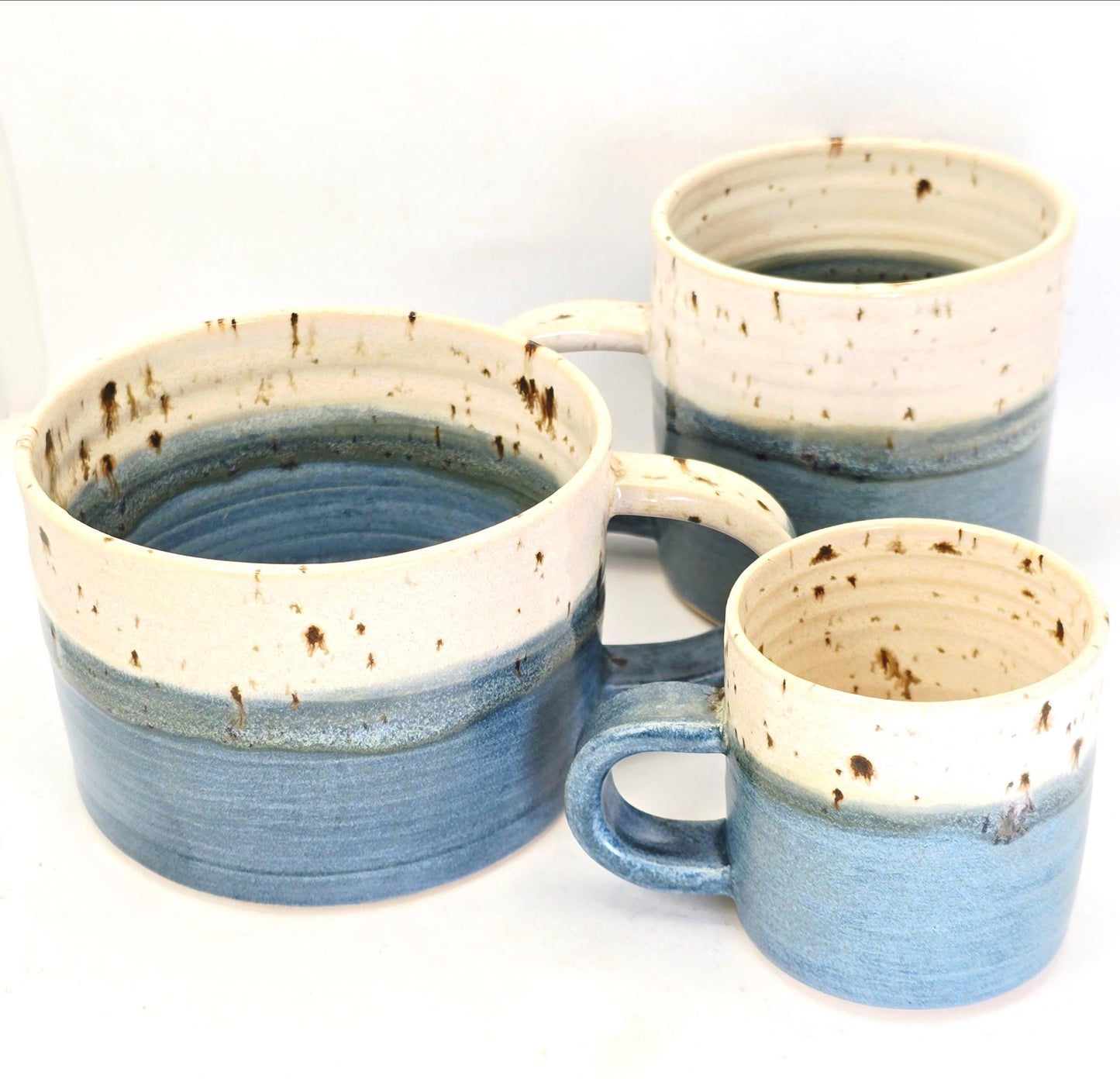 Handmade Ceramic 14oz  Cappuccino Mug. Blue & Cream Glaze, White Stoneware Pottery.