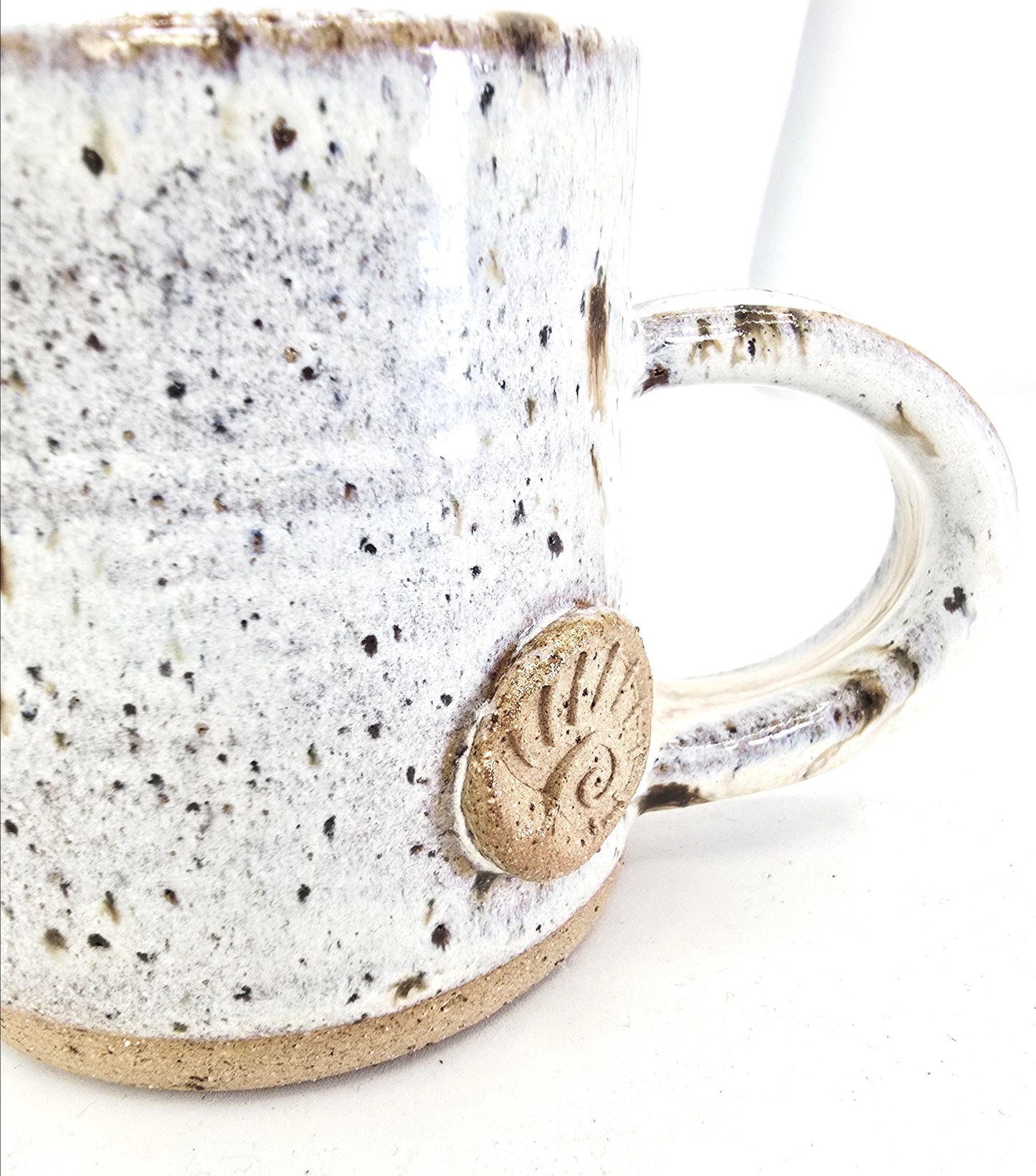 Handmade Ceramic 6oz Flat White/Cortado Mug. Ammonite Sprig. Cream Speckled Glaze. Toasty Stoneware Pottery