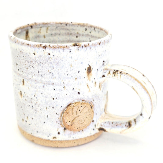 Handmade Ceramic 6oz Flat White/Cortado Mug. Ammonite Sprig. Cream Speckled Glaze. Toasty Stoneware Pottery