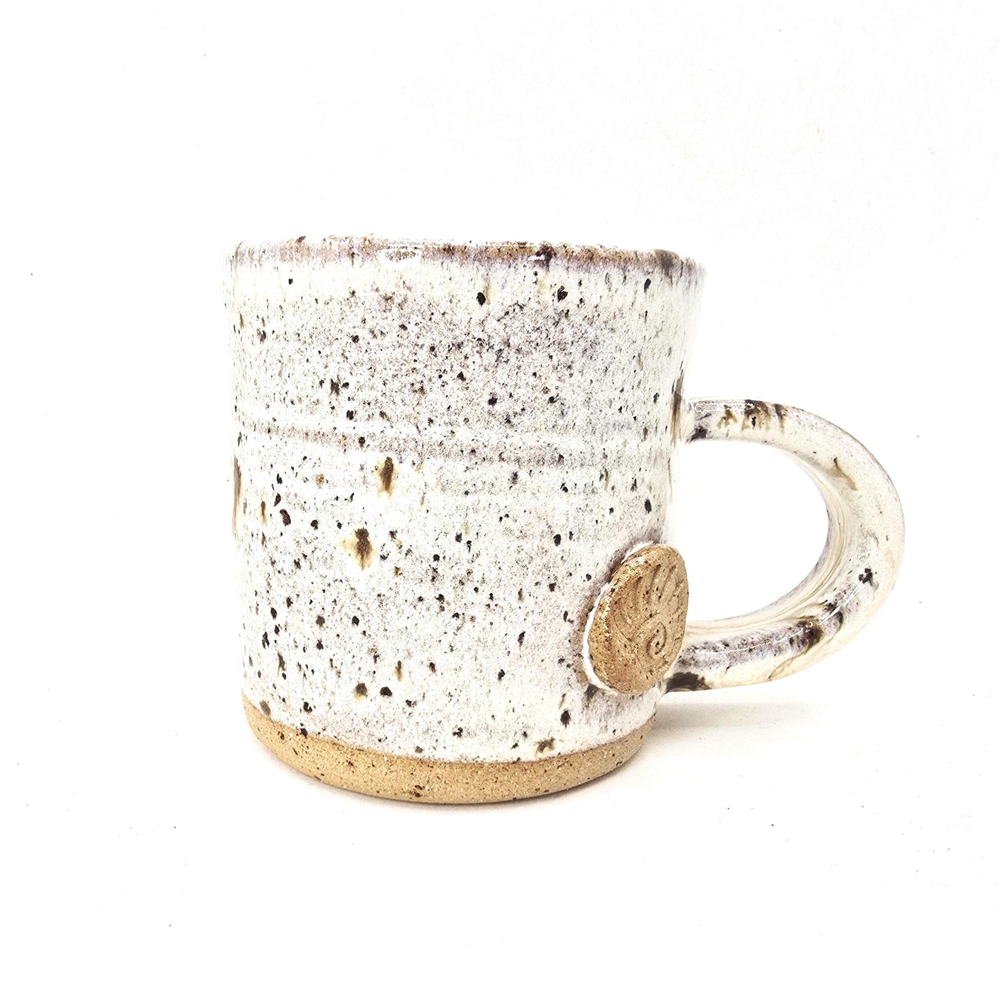 Handmade Ceramic 6oz Flat White/Cortado Mug. Ammonite Sprig. Cream Speckled Glaze. Toasty Stoneware Pottery