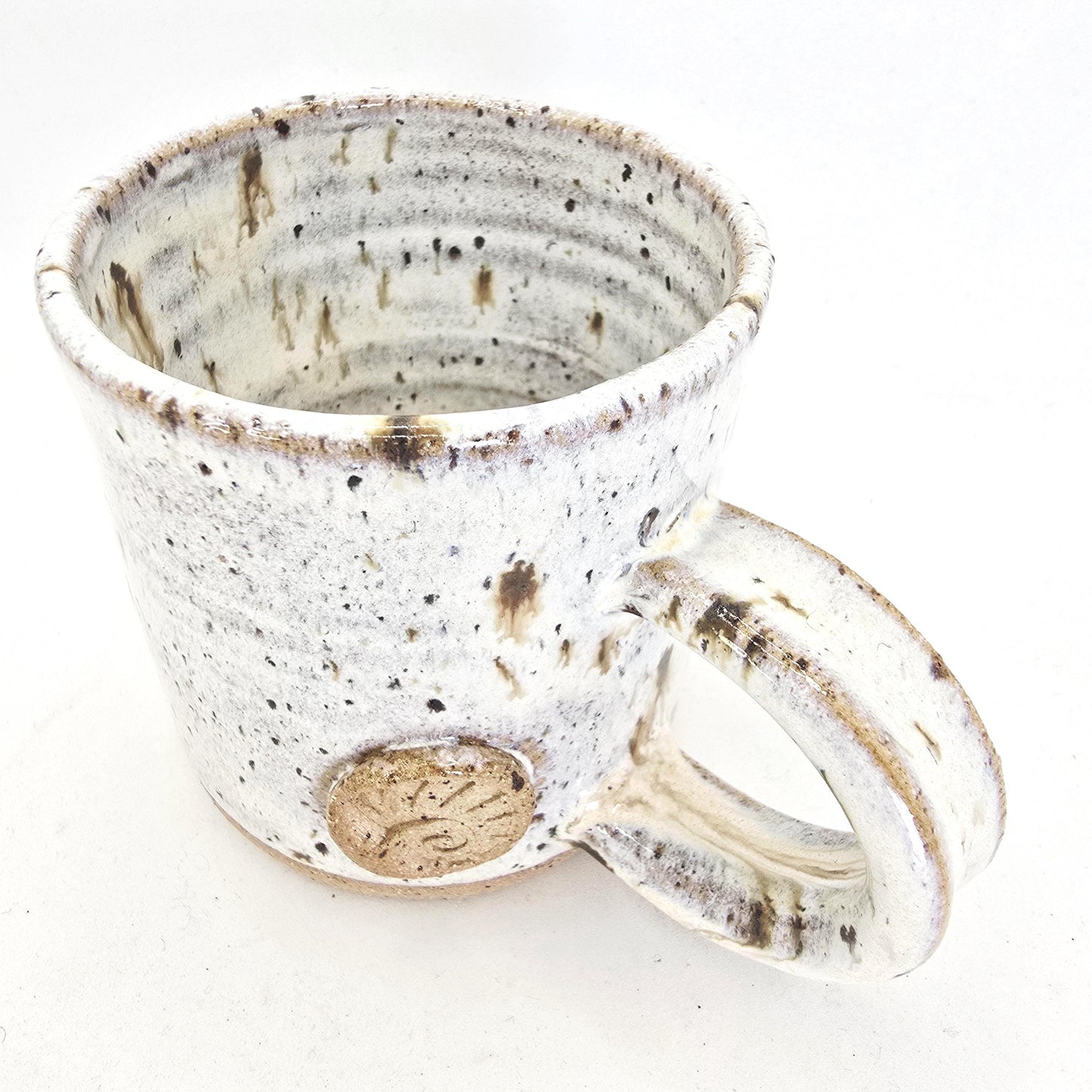 Handmade Ceramic 6oz Flat White/Cortado Mug. Ammonite Sprig. Cream Speckled Glaze. Toasty Stoneware Pottery