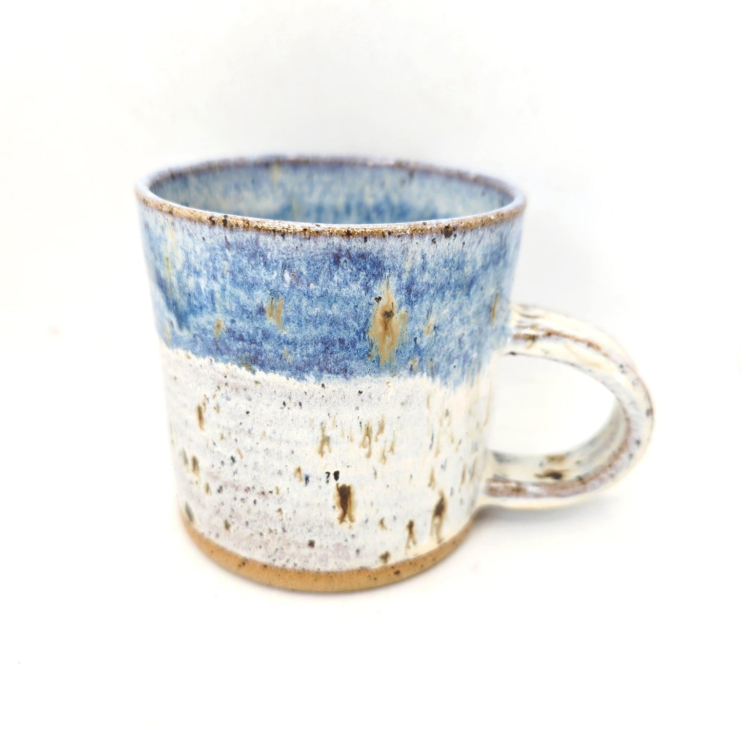 Handmade Ceramic 8oz Tea/Coffee Mug, Cream & Blue Speckle Glaze. Toasty Stoneware Pottery.