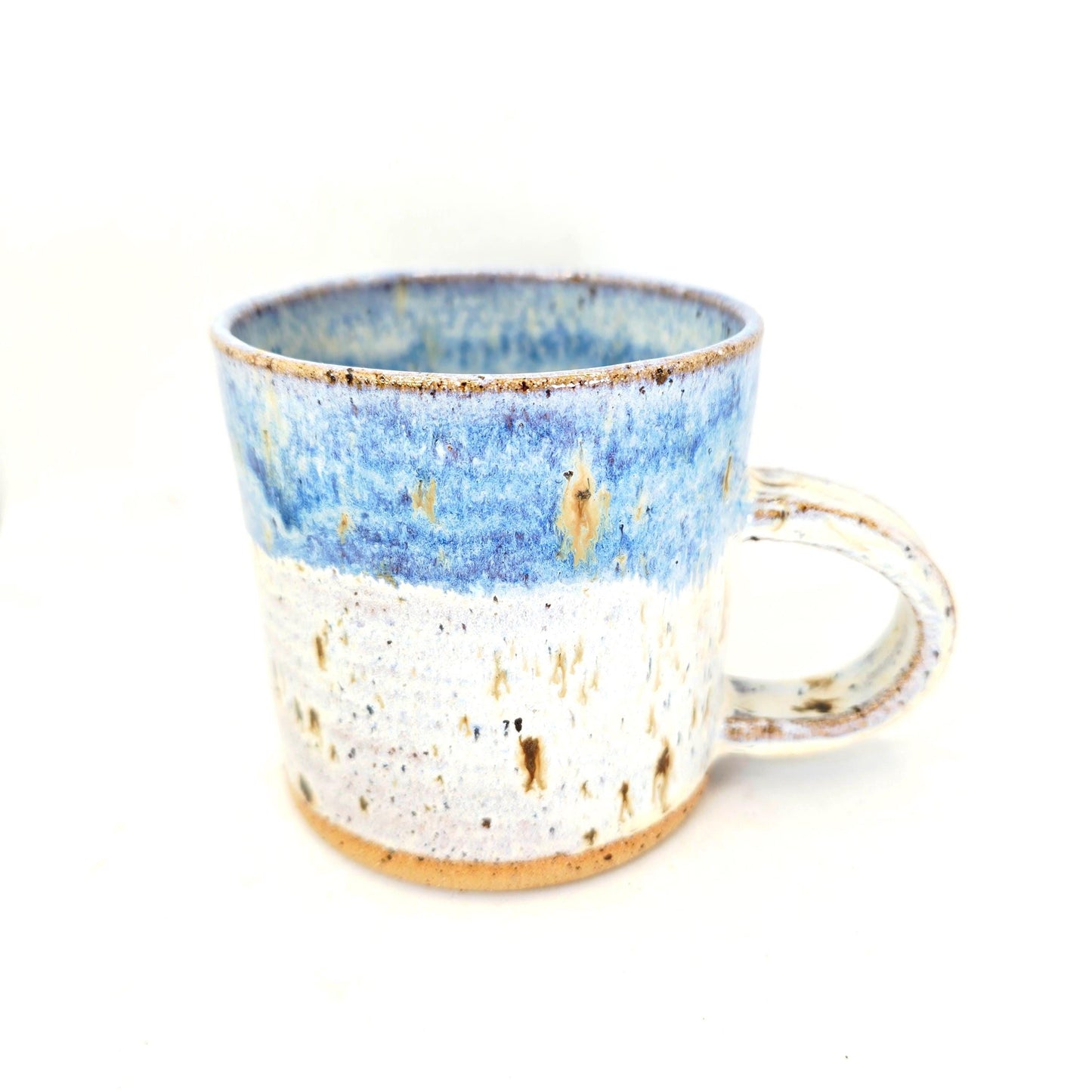 Handmade Ceramic 8oz Tea/Coffee Mug, Cream & Blue Speckle Glaze. Toasty Stoneware Pottery.