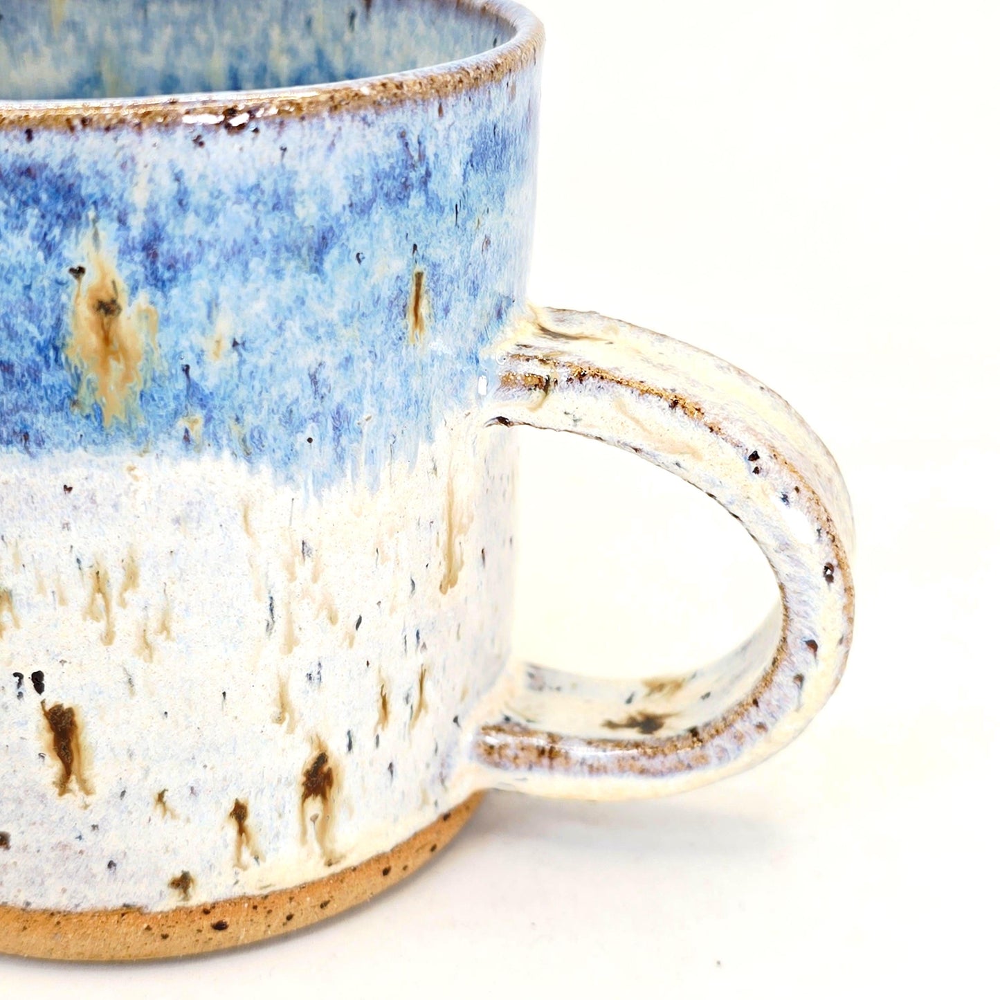 Handmade Ceramic 8oz Tea/Coffee Mug, Cream & Blue Speckle Glaze. Toasty Stoneware Pottery.