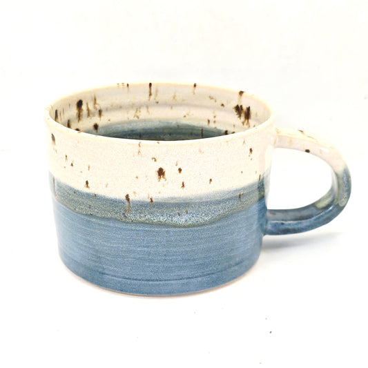 Handmade Ceramic 14oz  Cappuccino Mug. Blue & Cream Glaze, White Stoneware Pottery.