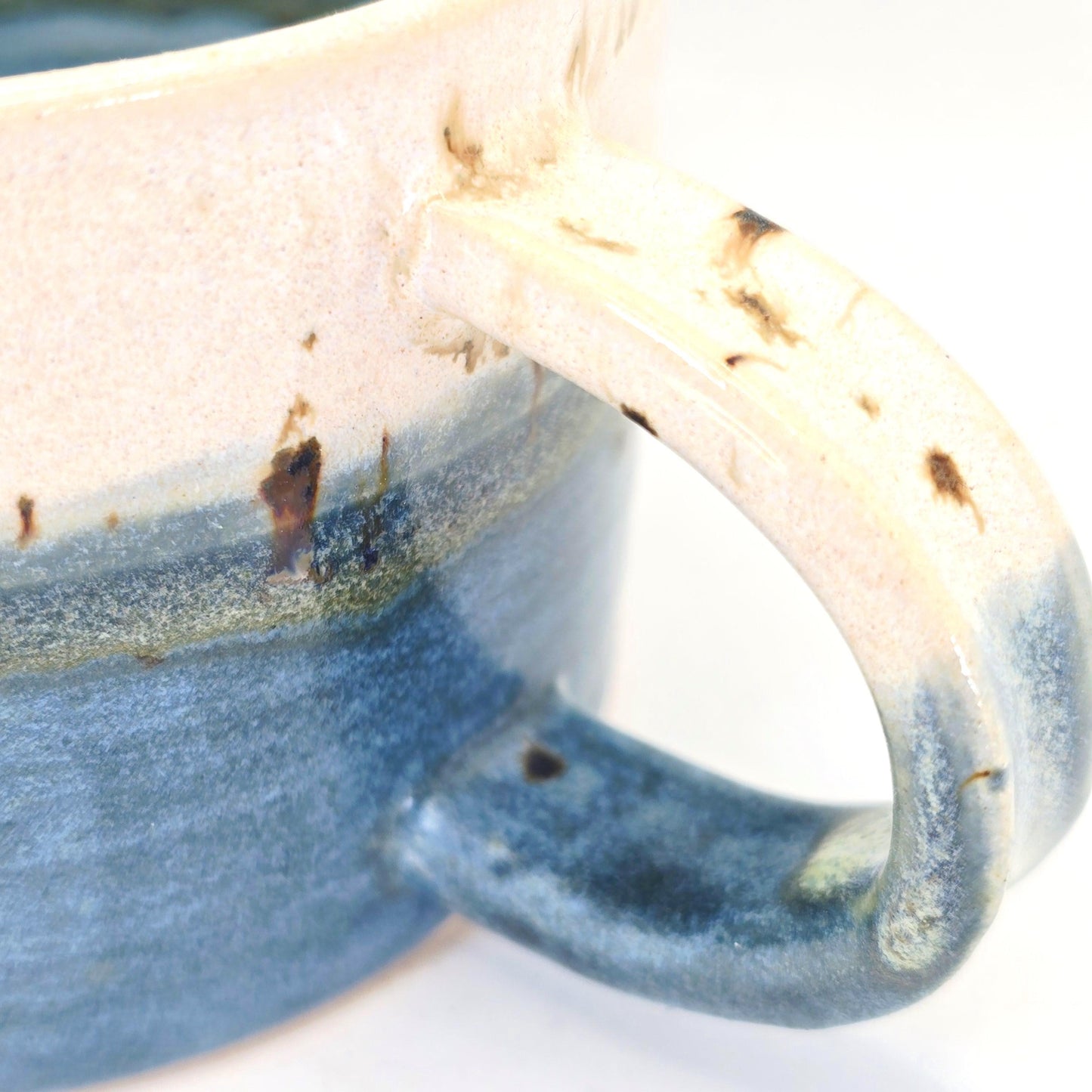 Handmade Ceramic 14oz  Cappuccino Mug. Blue & Cream Glaze, White Stoneware Pottery.