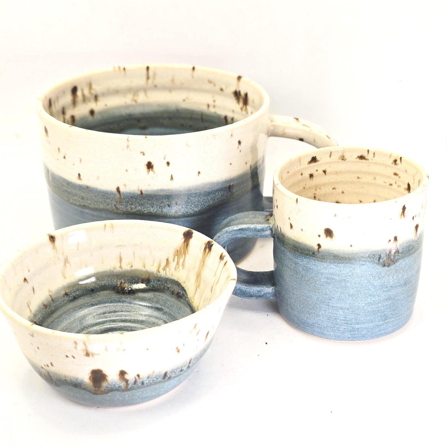 Handmade Ceramic 14oz  Cappuccino Mug. Blue & Cream Glaze, White Stoneware Pottery.